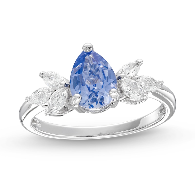 Main Image 1 of Gems of Serenity Pear-Shaped Blue & White Lab-Created Sapphire Ring Sterling Silver