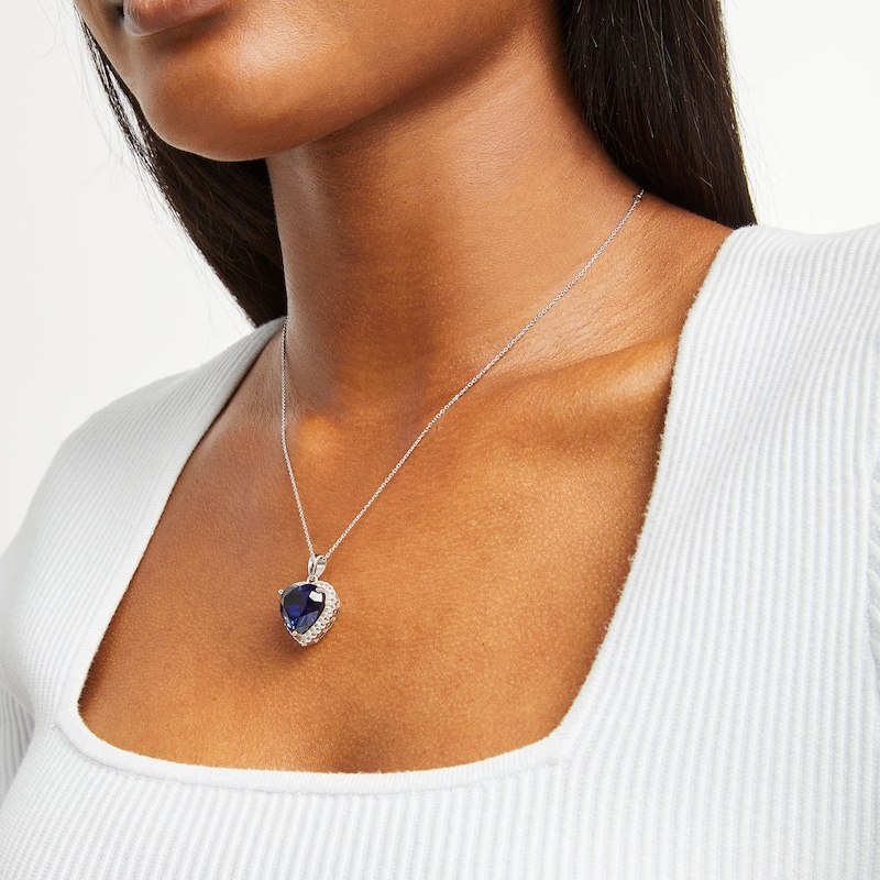 Main Image 3 of Blue & White Lab-Created Sapphire Heart Necklace Sterling Silver 18&quot;