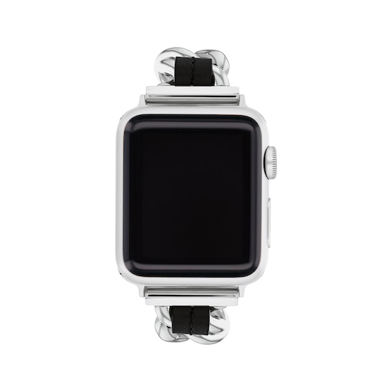COACH Stainless Steel Link & Black Leather Apple Watch Strap 14700187