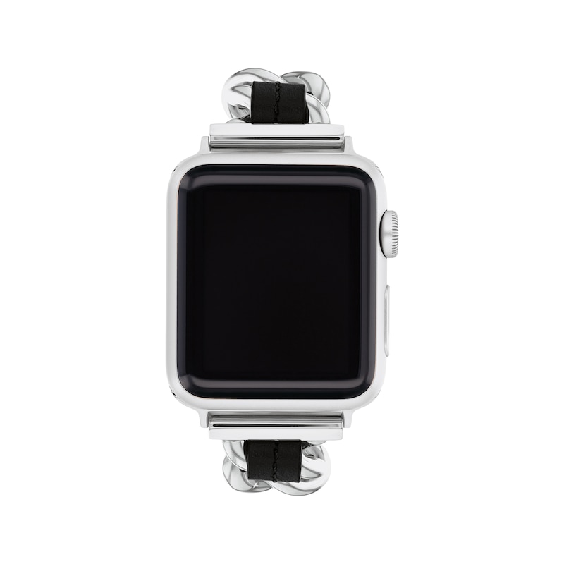 COACH Stainless Steel Link & Black Leather Apple Watch Strap 14700187