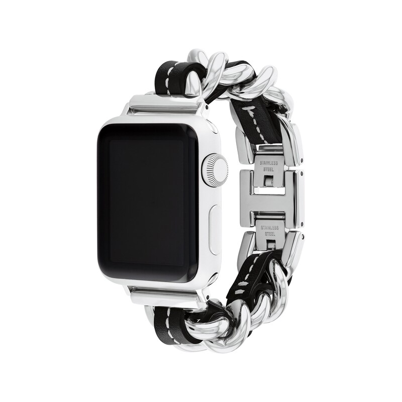 COACH Stainless Steel Link & Black Leather Apple Watch Strap 14700187