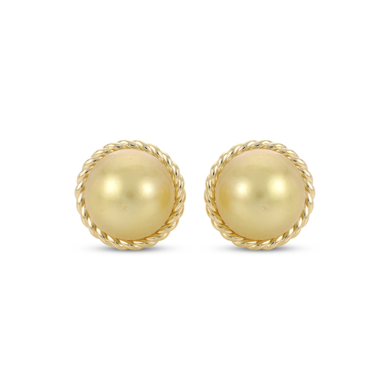 Golden Cultured South Sea Pearl Rope Frame Stud Earrings 10K Yellow Gold