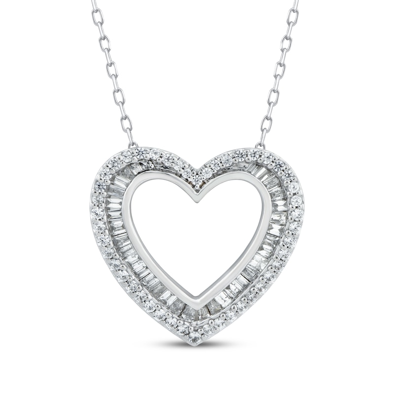 Main Image 1 of Baguette & Round-Cut Diamond Heart Necklace 1/2 ct tw 10K White Gold 18&quot;