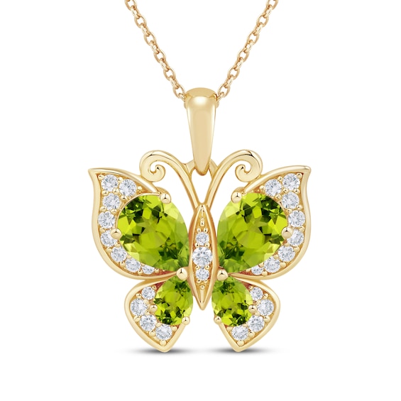 Pear-Cut Natural Peridot & Diamond Butterfly Necklace 1/5 ct tw 10K Yellow Gold 18"