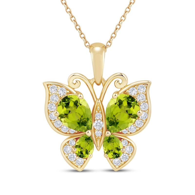 Main Image 1 of Pear-Cut Natural Peridot & Diamond Butterfly Necklace 1/5 ct tw 10K Yellow Gold 18&quot;