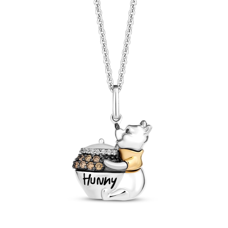 Disney Treasures Winnie the Pooh Brown & White Diamond Necklace 1/10 ct tw Sterling Silver & 10K Yellow Gold 19"