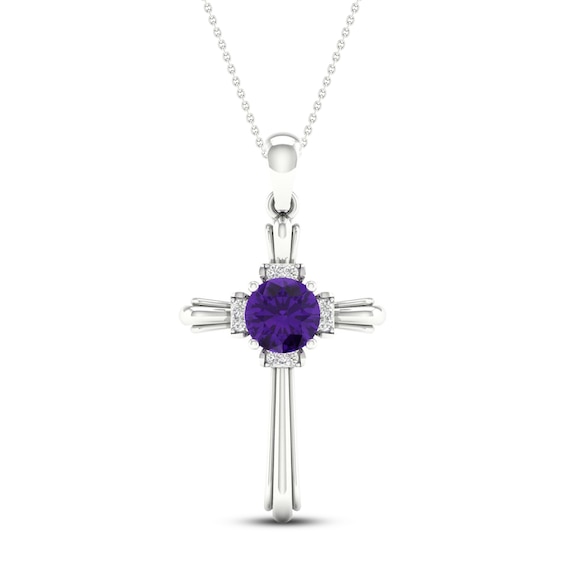 Amethyst & Diamond Cross Necklace 10K White Gold 18"
