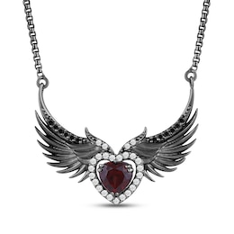 Ink & Ice Heart-Shaped Garnet, Black & White Diamond Wings Necklace 1/5 ct tw Black Rhodium-Plated Sterling Silver 18"