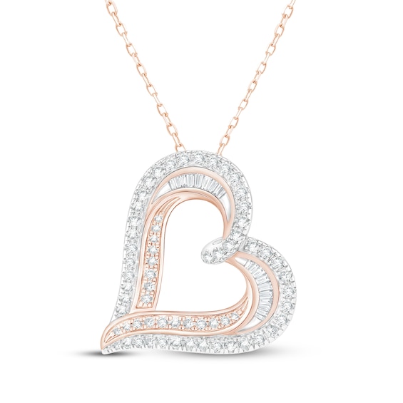 Baguette & Round-Cut Diamond Tilted Heart Necklace 1 ct tw 10K Rose Gold 18"
