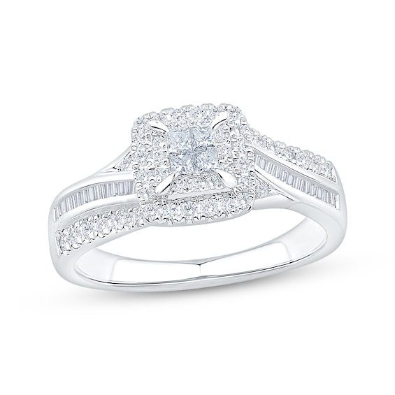 Now + Forever Princess-Cut Quad Diamond Double Halo Engagement Ring 1/2 ct tw 10K White Gold
