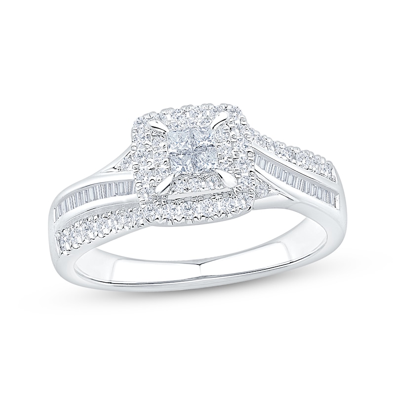 Main Image 1 of Now + Forever Princess-Cut Quad Diamond Double Halo Engagement Ring 1/2 ct tw 10K White Gold