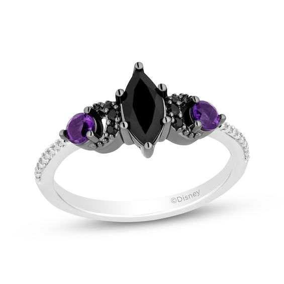 Disney Treasures Hocus Pocus Marquise-Cut Black Onyx, Diamond & Amethyst Moon Ring 1/10 ct tw Sterling Silver