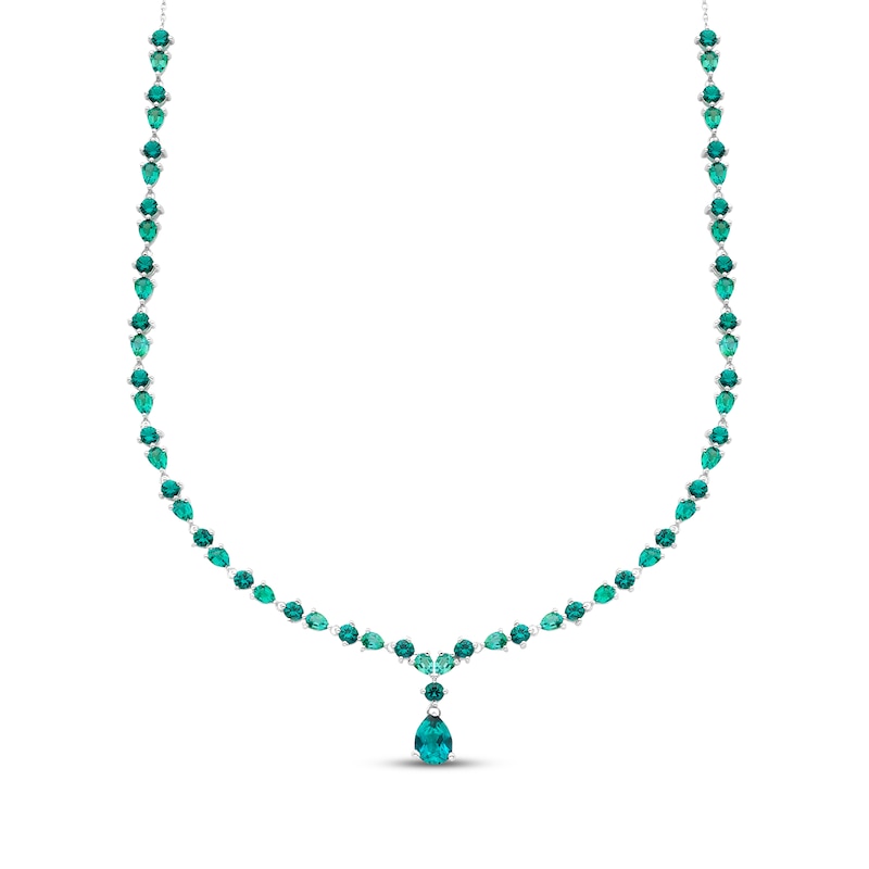 Main Image 1 of Pear-Shaped & Round-Cut Lab-Created Emerald Drop Necklace Sterling Silver 18&quot;