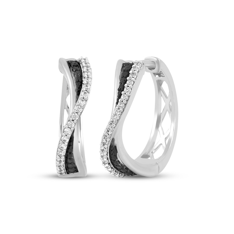 Main Image 1 of Black & White Diamond Curvy Crossover Hoop Earrings 1/4 ct tw Sterling Silver