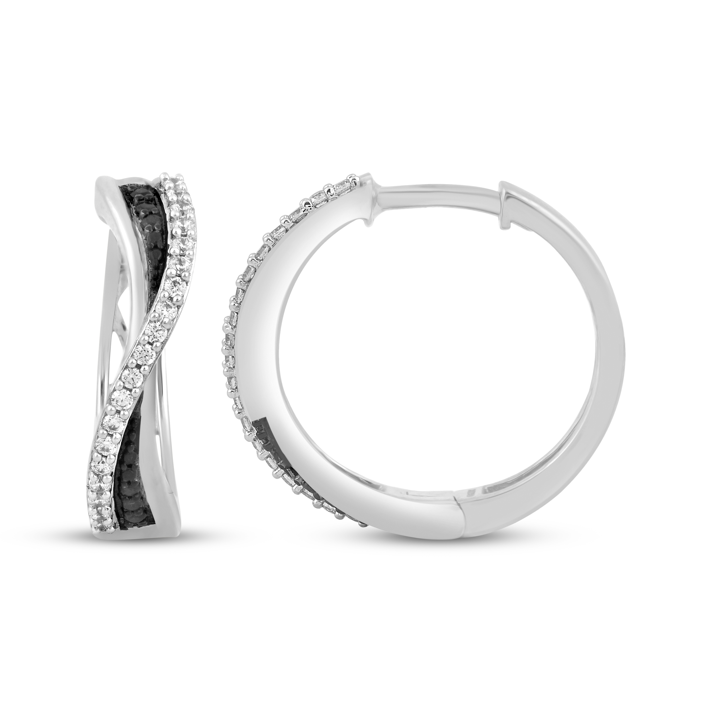 Main Image 3 of Black & White Diamond Curvy Crossover Hoop Earrings 1/4 ct tw Sterling Silver