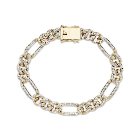 Men's 9.3mm Pavé-Set Diamond Figaro Chain Bracelet 3/4 ct tw Hollow 10K Yellow Gold 8.25"