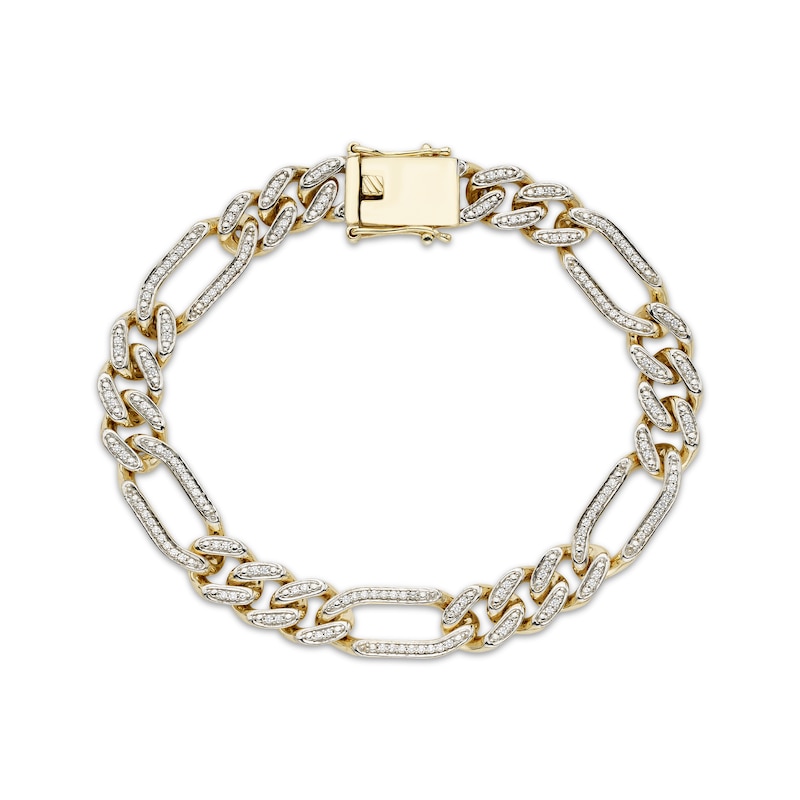Main Image 1 of Men's 9.3mm Pavé-Set Diamond Figaro Chain Bracelet 3/4 ct tw Hollow 10K Yellow Gold 8.25"