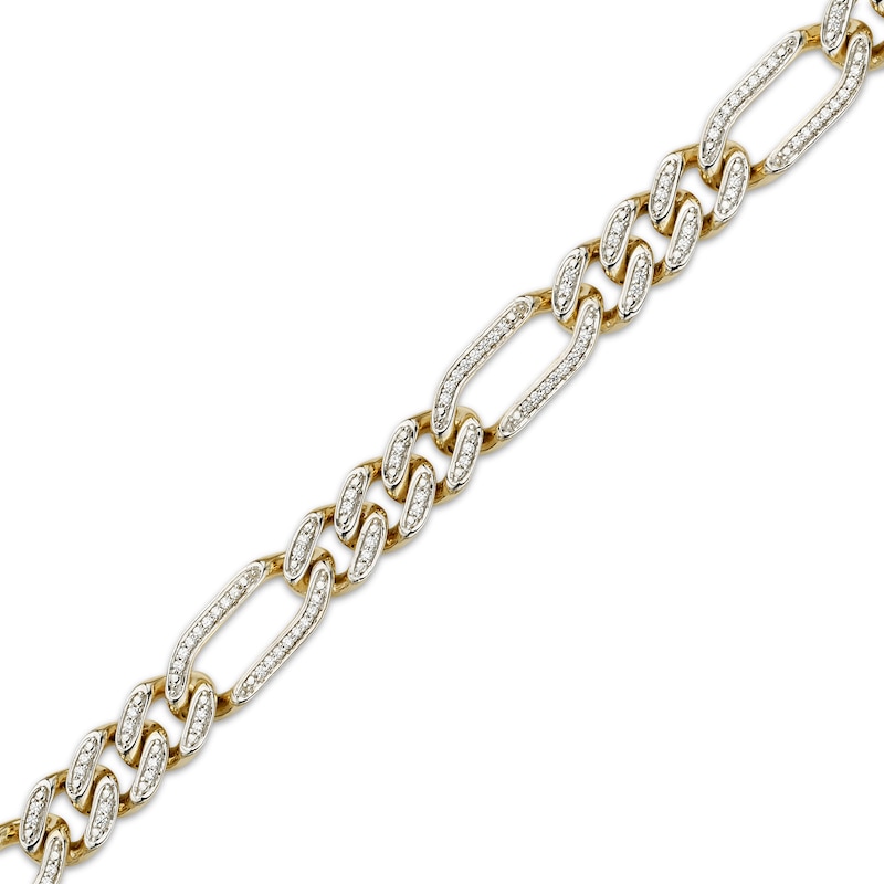 Main Image 2 of Men's 9.3mm Pavé-Set Diamond Figaro Chain Bracelet 3/4 ct tw Hollow 10K Yellow Gold 8.25"