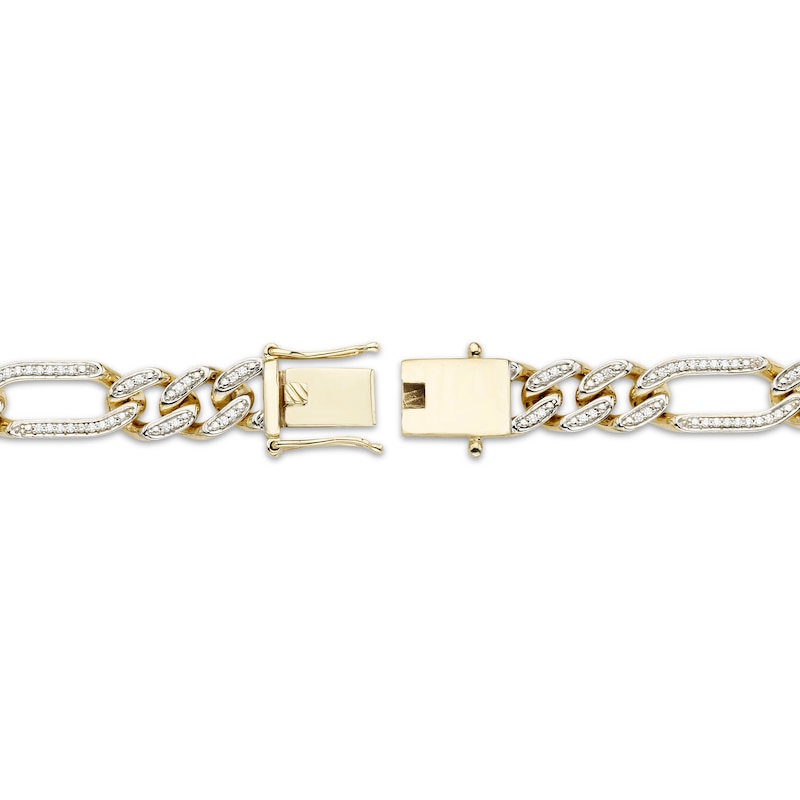 Main Image 3 of Men's 9.3mm Pavé-Set Diamond Figaro Chain Bracelet 3/4 ct tw Hollow 10K Yellow Gold 8.25"