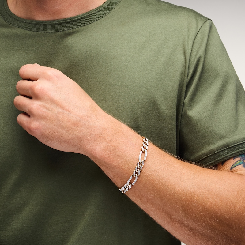 Main Image 4 of Men's 9.3mm Pavé-Set Diamond Figaro Chain Bracelet 3/4 ct tw Hollow 10K Yellow Gold 8.25"