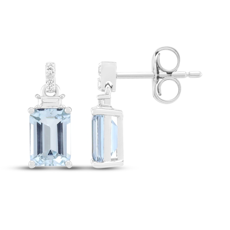 Main Image 3 of Emerald-Cut Aquamarine & White Lab-Created Sapphire Dangle Earrings Sterling Silver