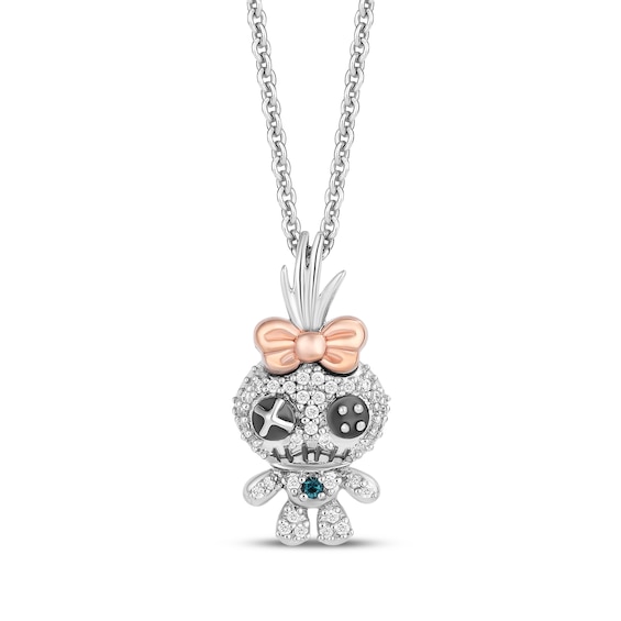 Disney Treasures Lilo & Stitch "Scrump" Diamond & London Blue Topaz Necklace 1/15 ct tw Sterling Silver & 10K Rose Gold 19"
