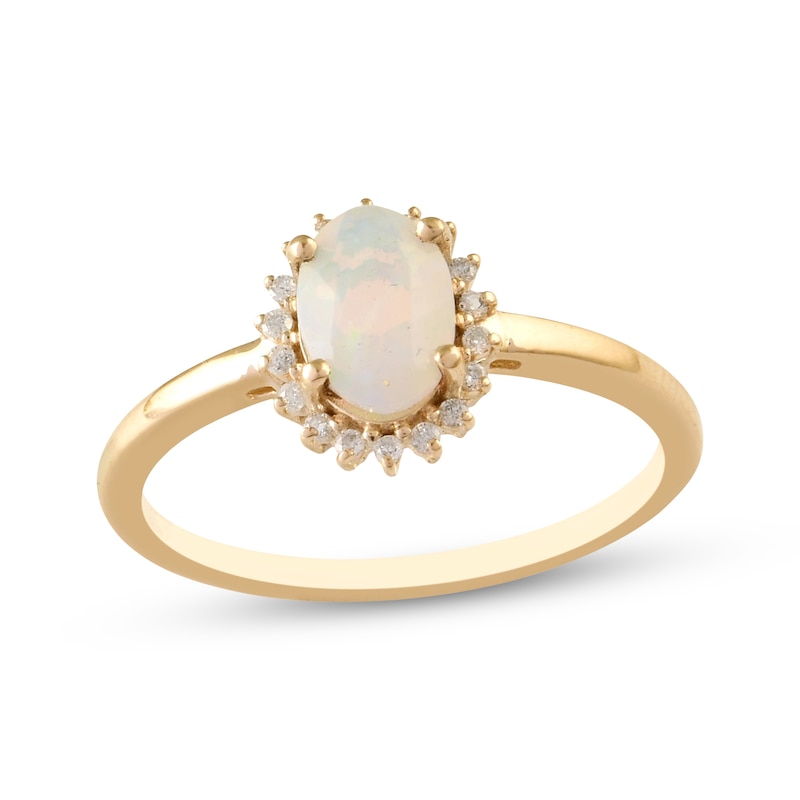 Main Image 1 of Oval-Cut Opal & Diamond Sunburst Halo Ring 1/15 ct tw 10K Yellow Gold