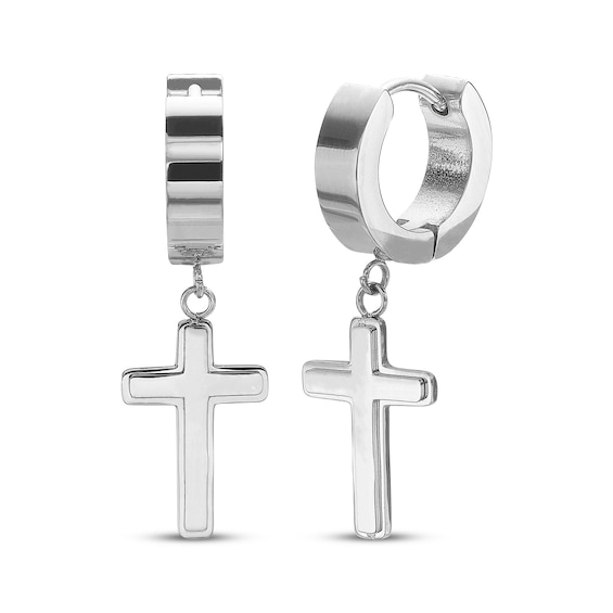 Men's Cross Dangle Huggie Hoop Earrings Stainless Steel