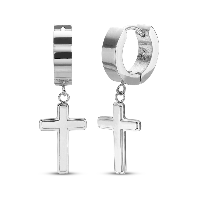 Main Image 1 of Men's Cross Dangle Huggie Hoop Earrings Stainless Steel