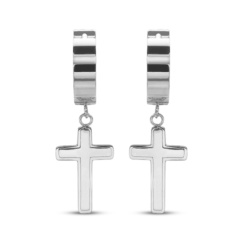 Main Image 2 of Men's Cross Dangle Huggie Hoop Earrings Stainless Steel