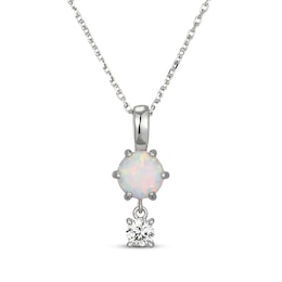 Lab-Created Opal & White Lab-Created Sapphire Drop Necklace Sterling Silver 18"