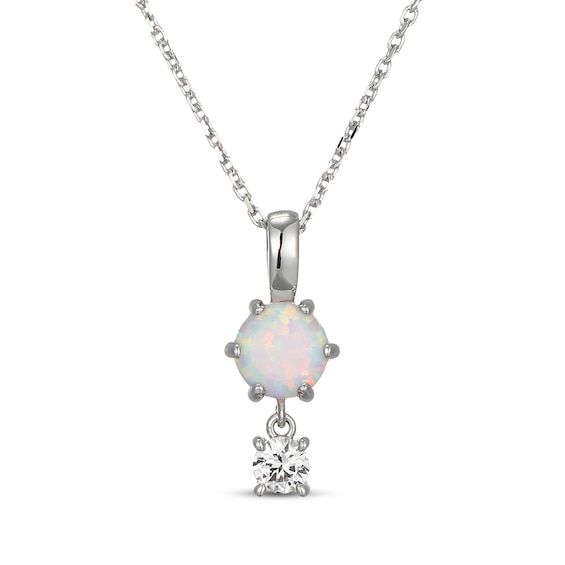 Lab-Created Opal & White Lab-Created Sapphire Drop Necklace Sterling Silver 18"