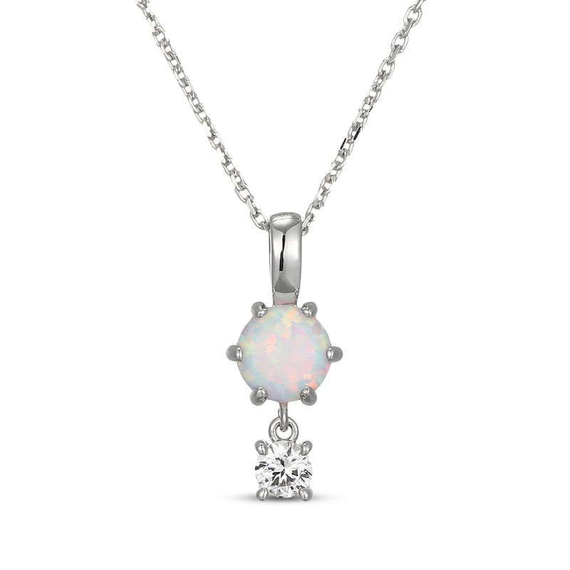 Main Image 1 of Lab-Created Opal & White Lab-Created Sapphire Drop Necklace Sterling Silver 18"