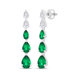 Pear-Shaped Lab-Created Emerald & White Lab-Created Sapphire Drop Earrings Sterling Silver