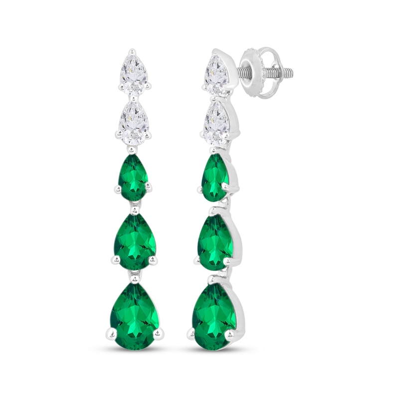 Main Image 1 of Pear-Shaped Lab-Created Emerald & White Lab-Created Sapphire Drop Earrings Sterling Silver