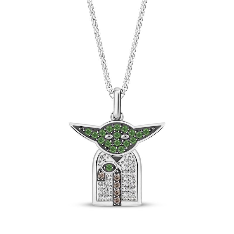 Main Image 1 of Star Wars Yoda Chrome Diopside, Brown & White Diamond Necklace 1/10 ct tw Sterling Silver 18"