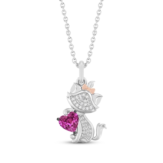 Disney Treasures The Aristocats Heart-Shaped Pink Lab-Created Sapphire & Diamond Necklace 1/20 ct tw Sterling Silver & 10K Rose Gold 19"