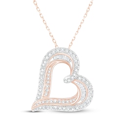 Baguette & Round-Cut Diamond Tilted Heart Necklace 1 ct tw 10K Rose Gold 18"