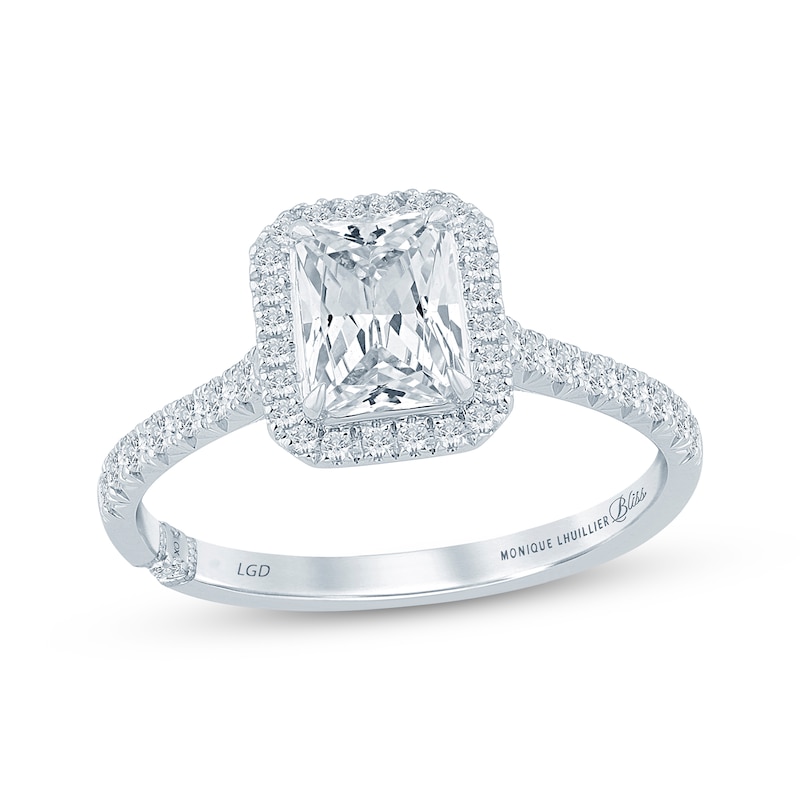 Main Image 1 of Monique Lhuillier Bliss Radiant-Cut Lab-Grown Diamond Halo Engagement Ring 1-1/2 ct tw 18K White Gold