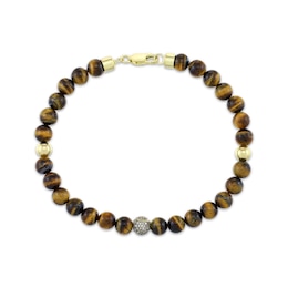 Men's Tiger's Eye Quartz Bead & Brown Diamond Bracelet 1/4 ct tw 14K Yellow Gold-Plated Sterling Silver 8.5"