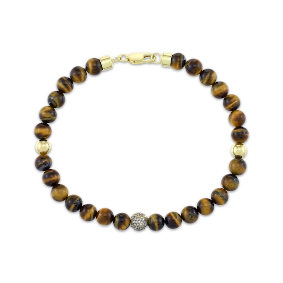 Men's Tiger's Eye Quartz Bead & Brown Diamond Bracelet 1/4 ct tw 14K Yellow Gold-Plated Sterling Silver 8.5"