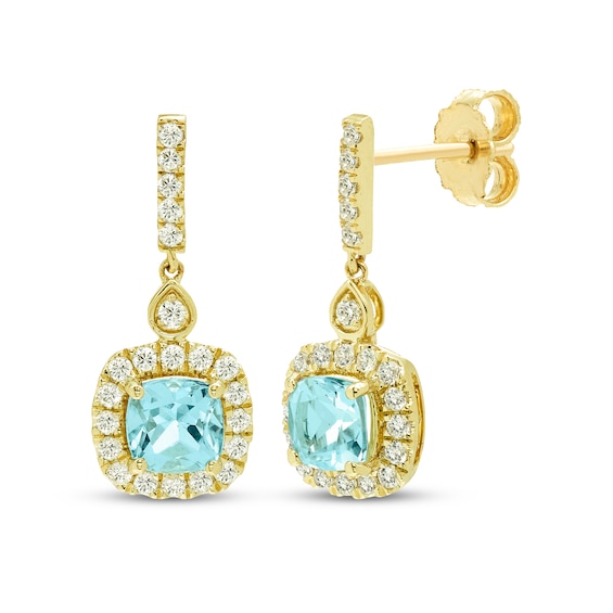 KAY Lab-Grown Diamonds & Cushion-Cut Natural Aquamarine Halo Drop Earrings 3/8 ct tw 10K Yellow Gold