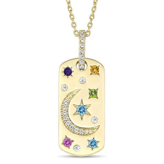 Celestial Crescent Moon and Star Birthstone Dog Tag Pendant (6 Stones and 3 Lines)