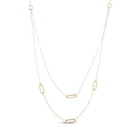 Layered Paperclip Station Necklace Hollow 10K Yellow Gold 18"