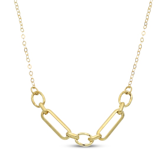 Long & Short Paperclip Chain Smile Necklace Hollow 10K Yellow Gold 18"