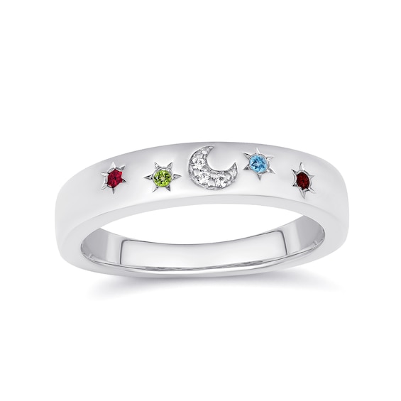 Celestial Crescent Moon and Star Birthstone Ring (4 Stones)