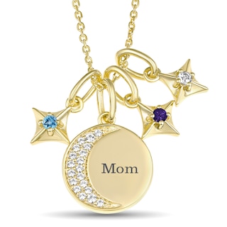 Celestial Moon and Star Birthstone Family Necklace (1-3 Stones and 1 Line)