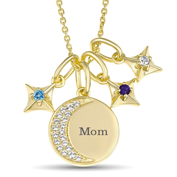 Celestial Moon and Star Birthstone Family Necklace (1-3 Stones and 1 Line)