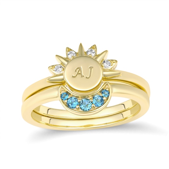 Celestial Sun and Crescent Moon Birthstone Ring (1 Stone and 2 Initials)
