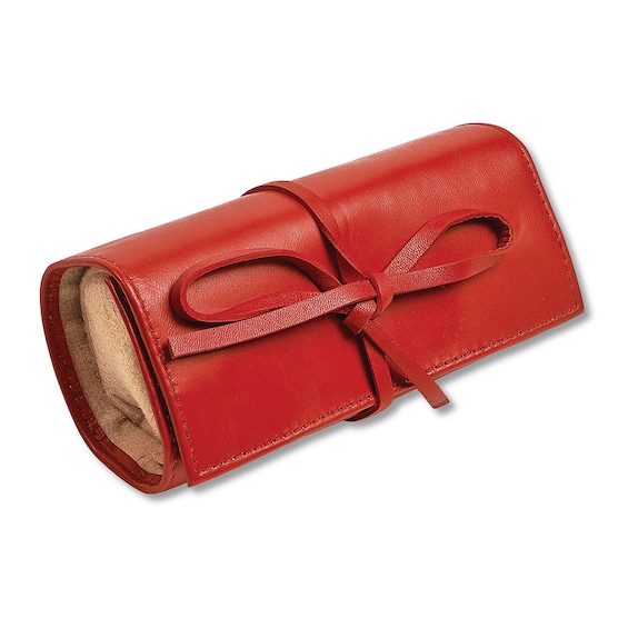 Jewelry Roll Travel Case Red Leather Kay